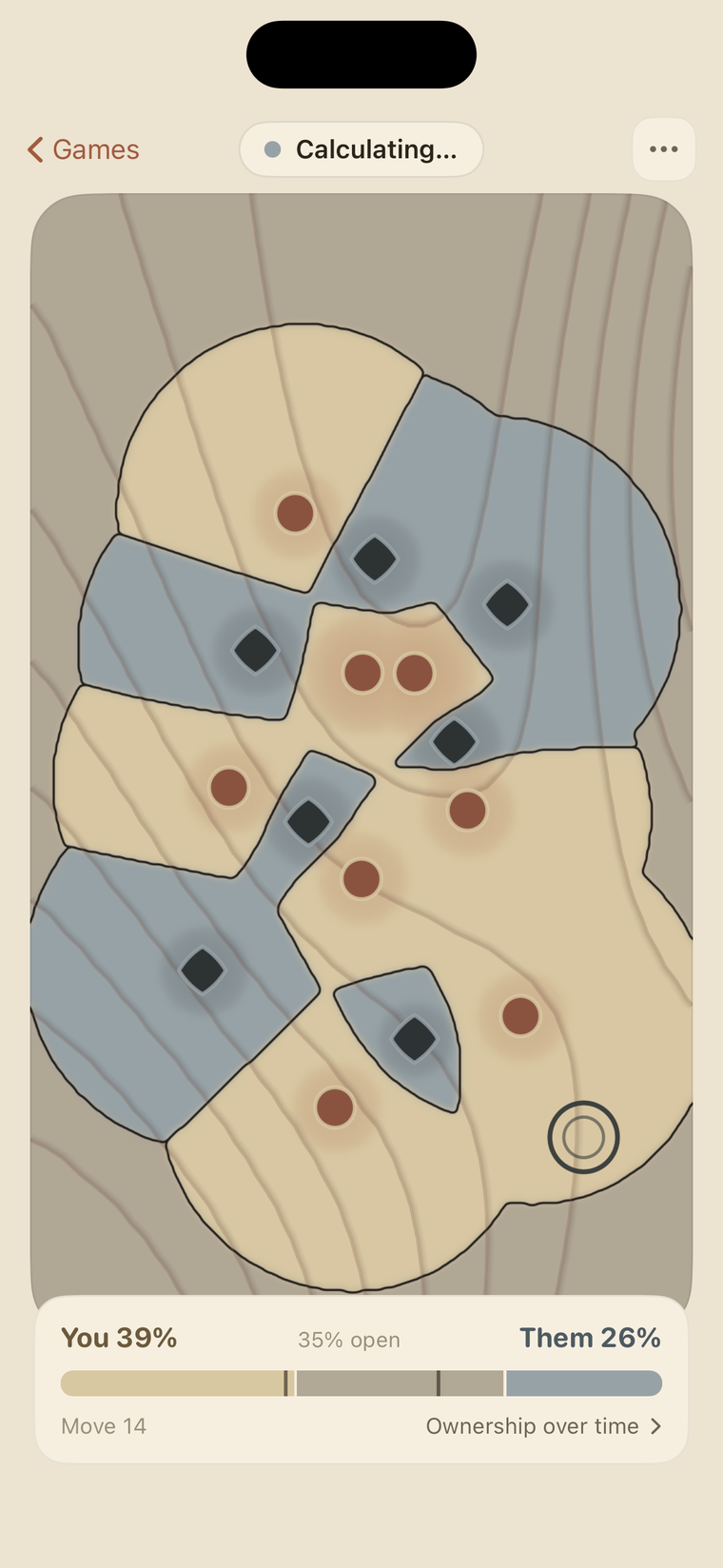 A live Morass board: pins on terrain, territory redrawn after every move.