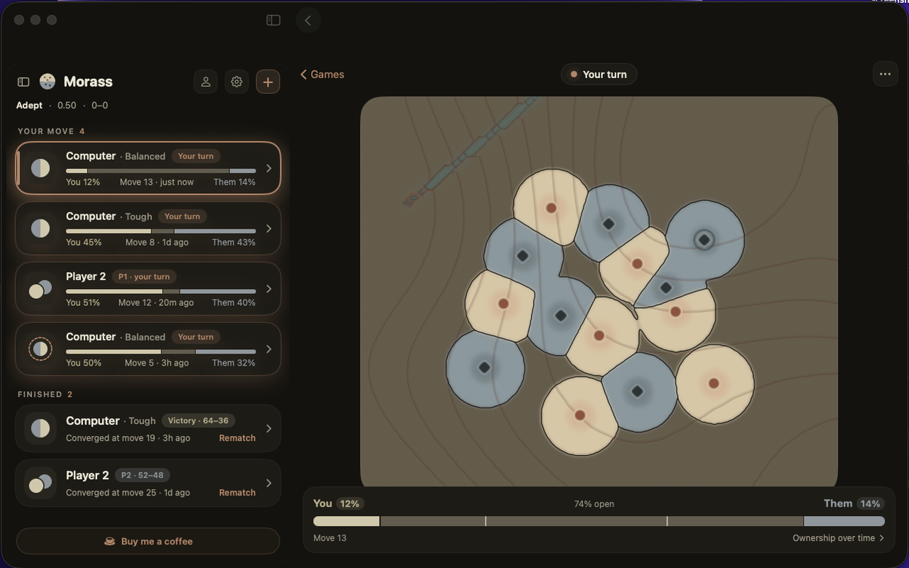 Morass on the Mac: the games list and a live board side by side in one window.