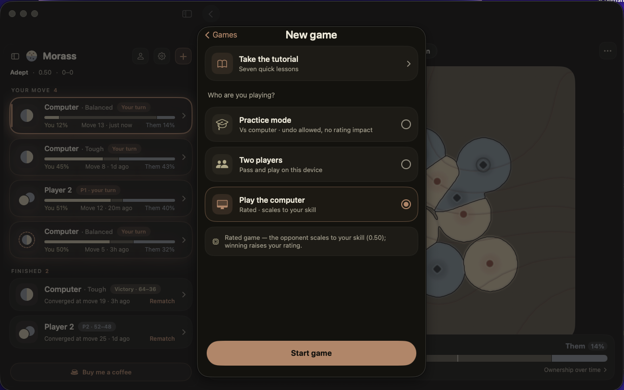 The new-game panel on Mac: tutorial, practice, two players, or play the computer.